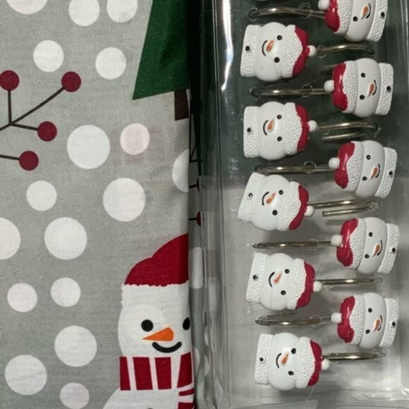 Christmas Bath Snowman Santa Fabric Shower Curtain 72 x 72 Hook Set Grey 13 PC - Picture 8 of 15